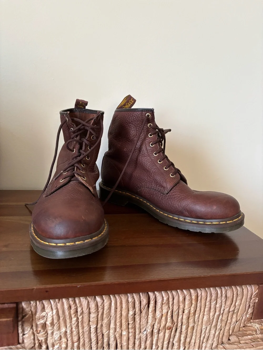 Dr. Martens Brown Leather 8-Eye Lace-Up Boots with Yellow Stitching